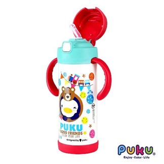 PUKU藍色企鵝 不鏽鋼兩用吸管水瓶350ml(小熊白)