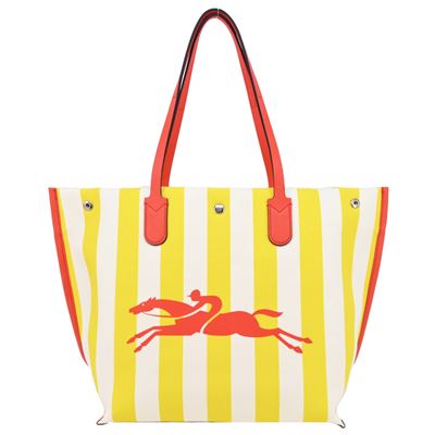 LONGCHAMP ROSEAU ESSENTIAL系列帆布字母條紋托特包(大/黃x白)