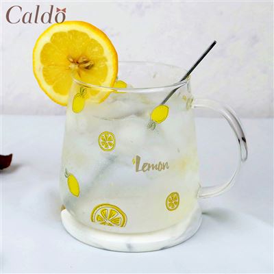 Caldo卡朵生活 夏日檸檬耐熱玻璃馬克杯(附蓋+匙) 400ml