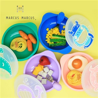 【MARCUS＆MARCUS】動物樂園幼兒自主學習吸盤碗含蓋-藍河馬
