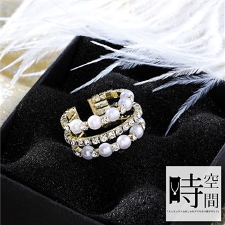『時空間』奢華耀眼三層排鑽珍珠交織戒指 -單一款式