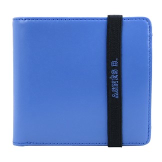 agnes b.LOGO束帶皮革短夾(內含零錢袋)(藍)