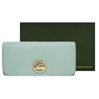 LONGCHAMP BOX-TROT系列小牛皮金屬LOGO翻蓋長夾(灰綠)