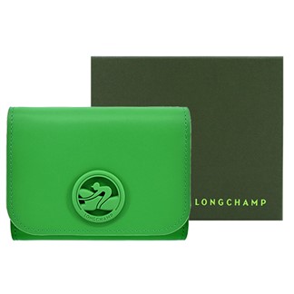 LONGCHAMP BOX-TROT系列小牛皮同色LOGO三折壓釦短夾(野草綠)