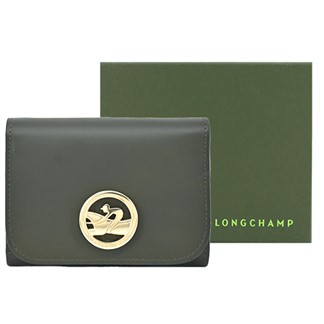 LONGCHAMP BOX-TROT系列小牛皮金屬LOGO三折短夾(卡其綠)