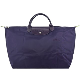 LONGCHAMP 刺繡再生尼龍摺疊手提旅行袋(小-藍莓)