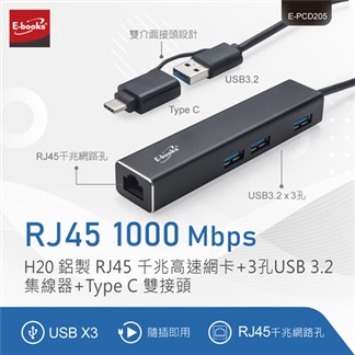 E-books H20 千兆網卡+USB 3.2集線器+Type C雙接頭