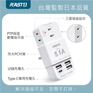 RASTO FP2 三插三埠USB+Type C壁插