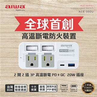 AIWA愛華 首創高溫斷電防火裝置PD+QC20W壁插 ACE-350U