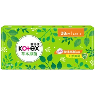 【Kotex靠得住】草本抑菌衛生棉28cm 12片x3包