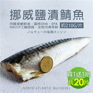 買1送1【優鮮配】超大厚片挪威薄鹽鯖魚10片(210g／片贈10片共20片)免運